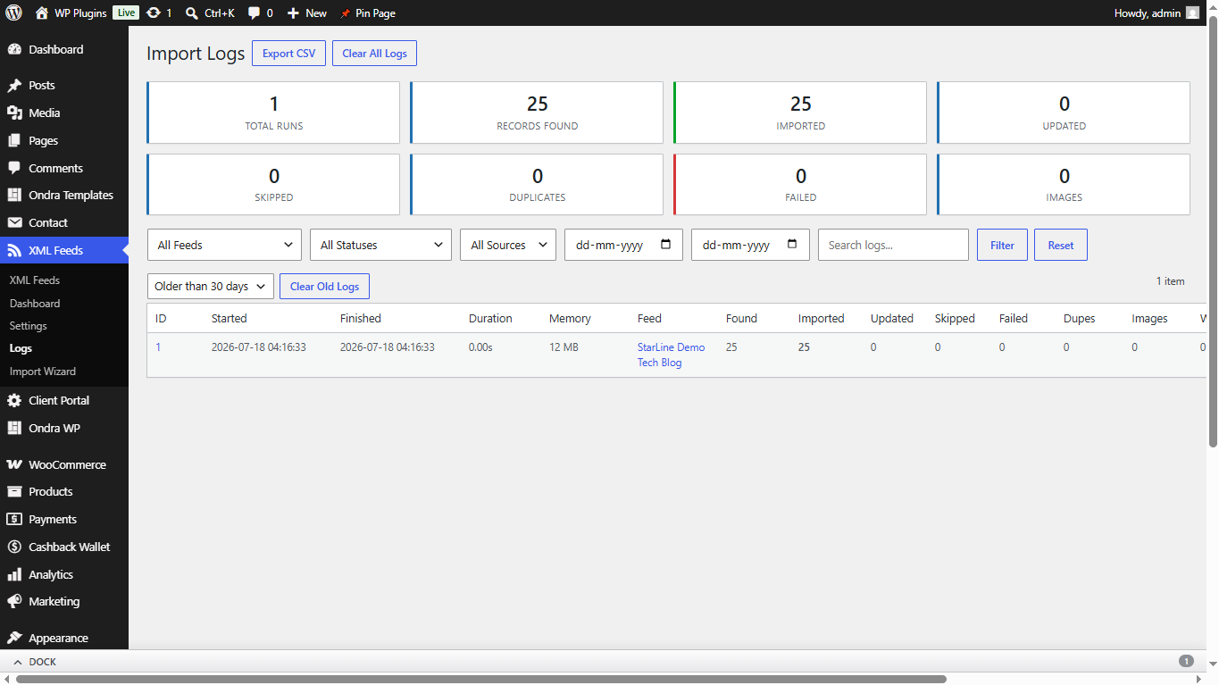 StarLine XML Feed Importer screenshot